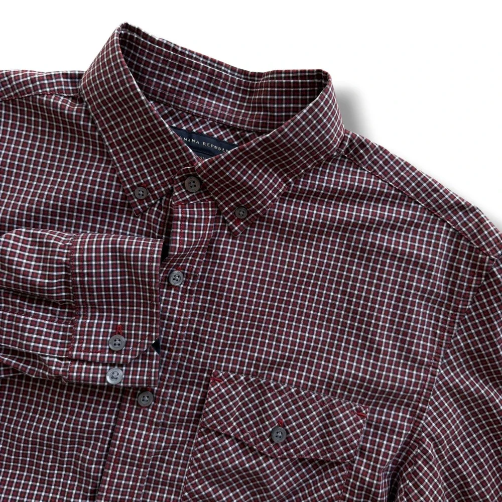 Banana Republic Men M 15-15.5 Burgundy MiniCheck Cotton Button Down Shirt Preppy